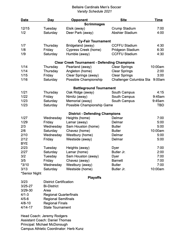 Varsity Schedule – Bellaire High School Boys Soccer